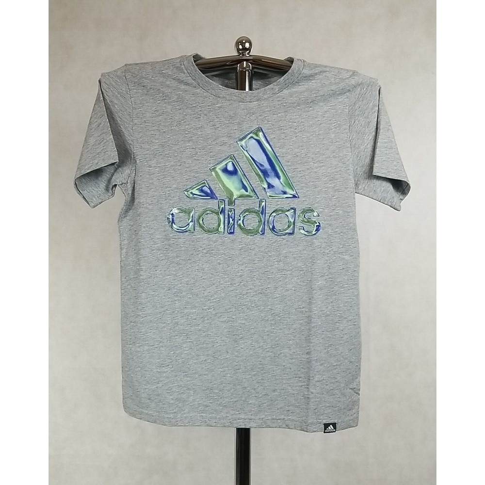 NWT Adidas Shirt Boy Size Medium‎ Short Sleeve Gray Blue T-Shirt Graphic Tee NEW